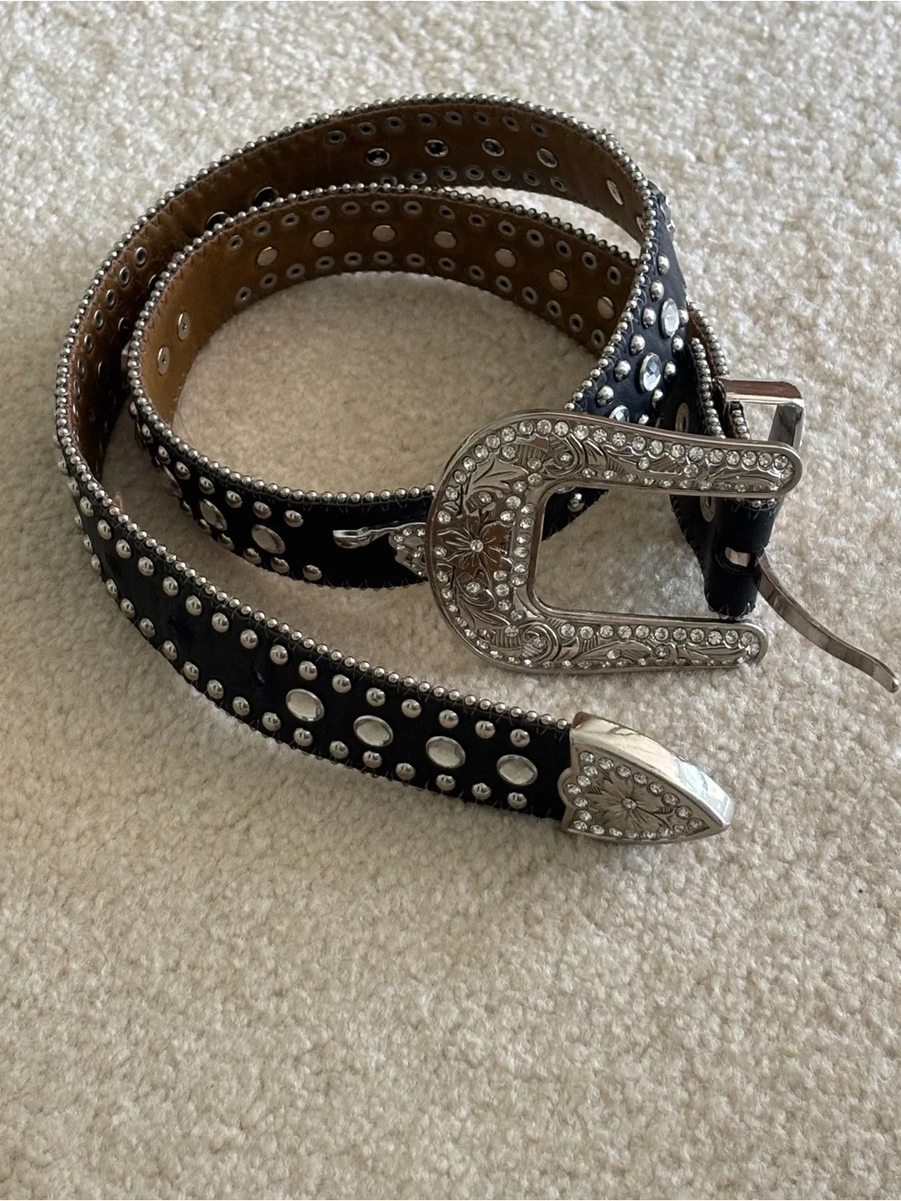 Black Leather Western Belt with Silver Rhinestones